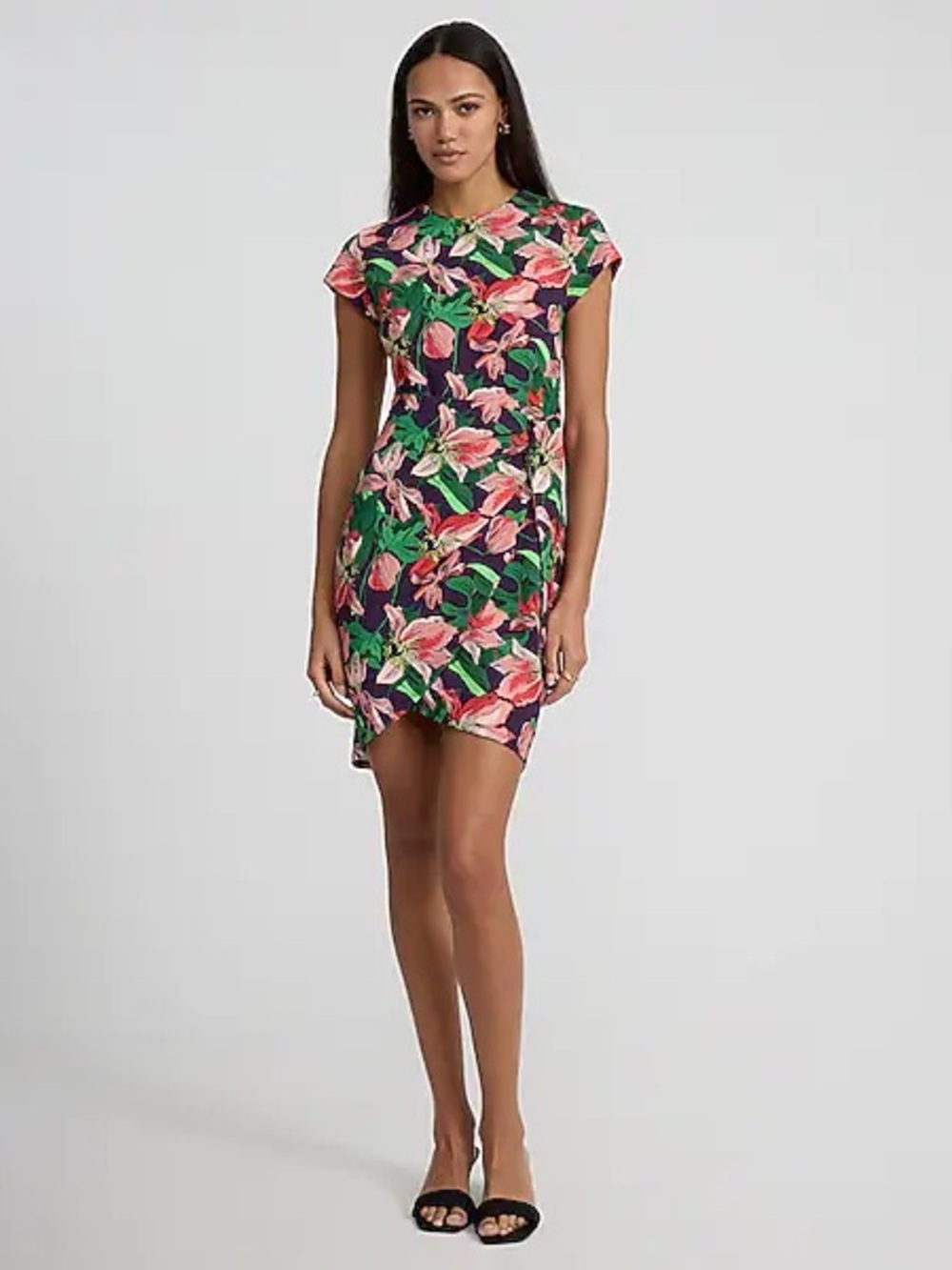 Express Floral Wrap-Style Dress in Purple, Pink & Green